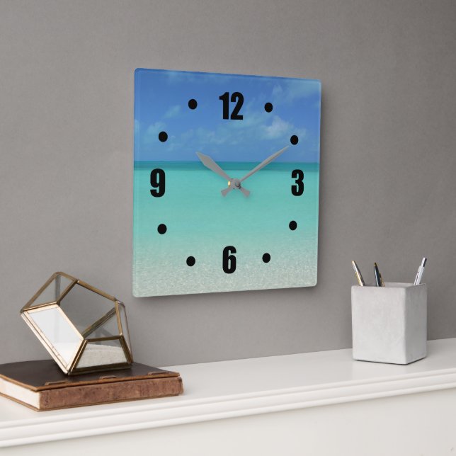 TURQUOISE CARIBBEAN SEA BENEATH BLUE SKY SQUARE WALL CLOCK (Office)