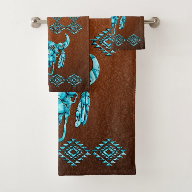 Turquoise Carved Buffalo Skull Graphic Bath Towel Set (Insitu)