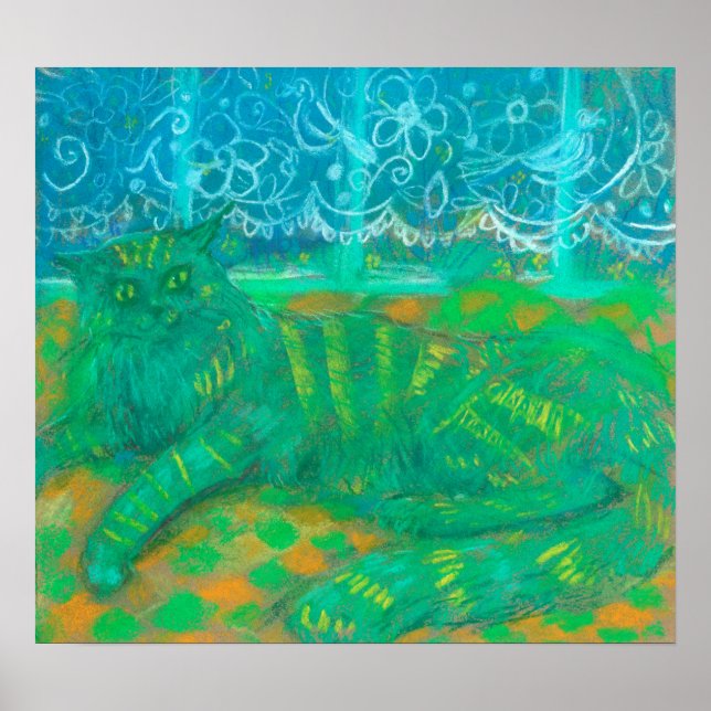  Turquoise Cat Pastel Painting Pet Animal Portrait Poster (Front)