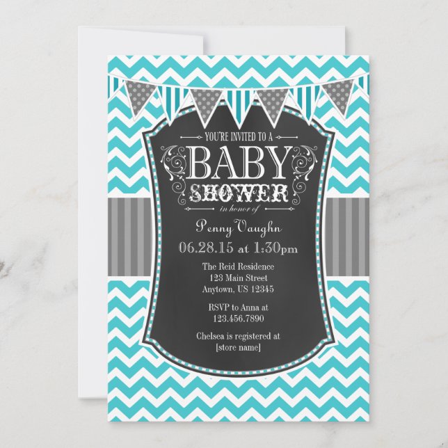 Turquoise Chalkboard Chevron Baby Shower Invite (Front)