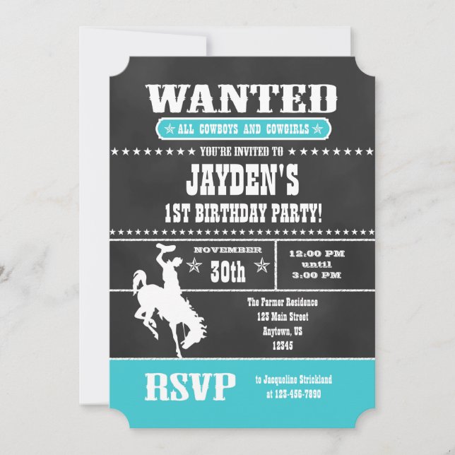 Turquoise Chalkboard Cowboy Birthday Invitation (Front)