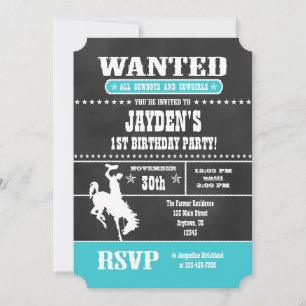 Turquoise Chalkboard Cowboy Birthday Invitation