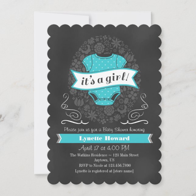 Turquoise Chalkboard Girl Baby Shower Invite (Front)
