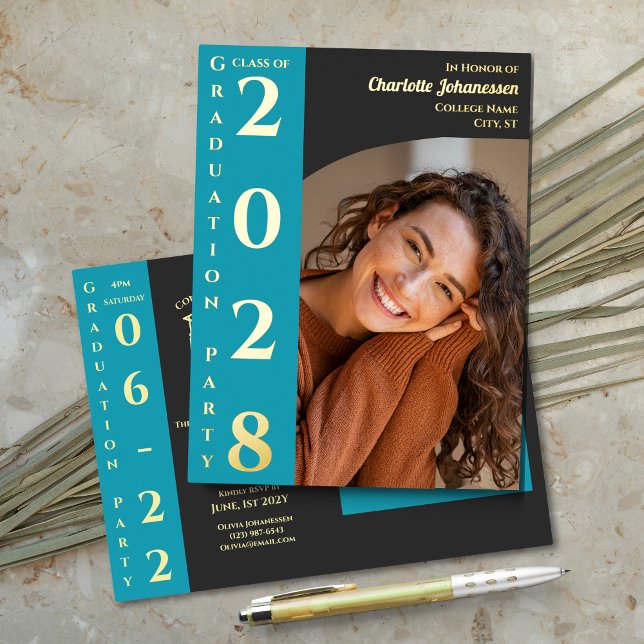Turquoise Charcoal Modern Graduation Party Foil Invitation Postcard (Creator Uploaded)