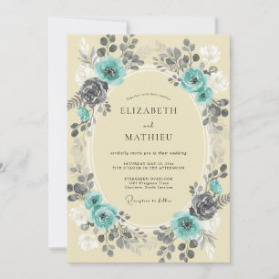 Turquoise Charcoal Peony Wedding Invitation