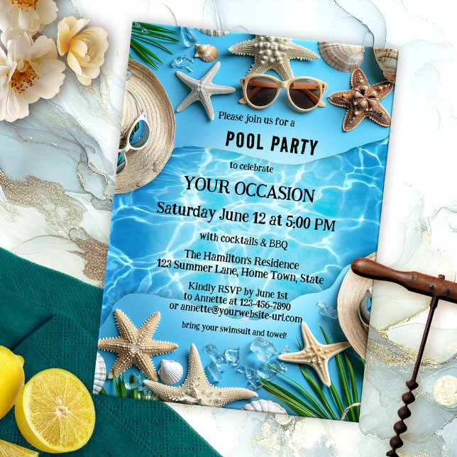 Turquoise Cheerful Summer Pool Party Invitation (Pool party invitation featuring a turquoise design with starfish, summer hats around a swimming pool)