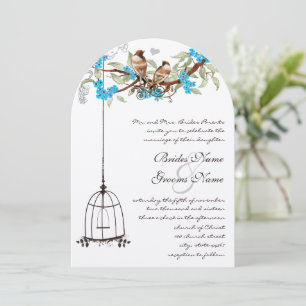 Turquoise Cherry Blossom Rustic Birds & Birdcage Invitation