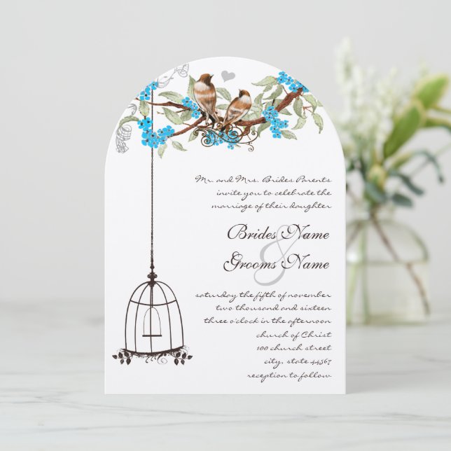 Turquoise Cherry Blossom Rustic Birds & Birdcage Invitation (Standing Front)