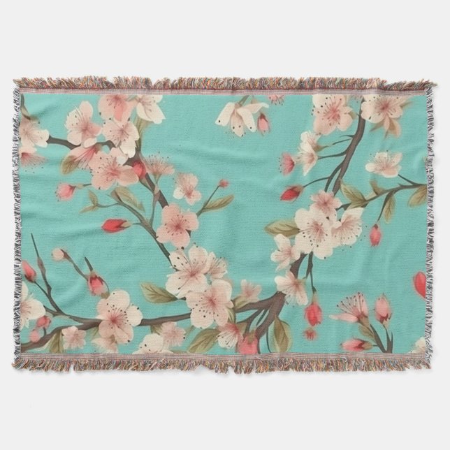 Turquoise Cherry Blossom Throw Blanket (Front)
