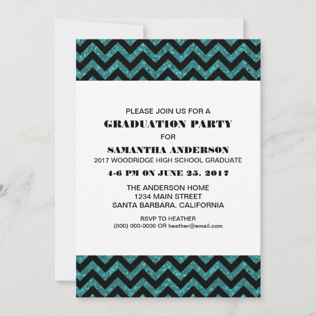 Turquoise Chevron Glitter Graduation Party Invite (Front)