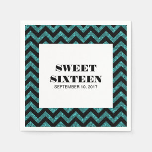 Turquoise Chevron Glitter Sweet 16 Paper Napkins