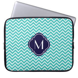 Turquoise Chevron Zigzag Stripes with Monogram Laptop Sleeve