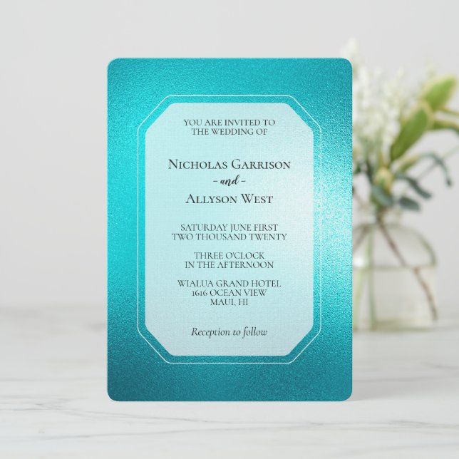 Turquoise Chic Aqua Blue Wedding Invitation (Standing Front)