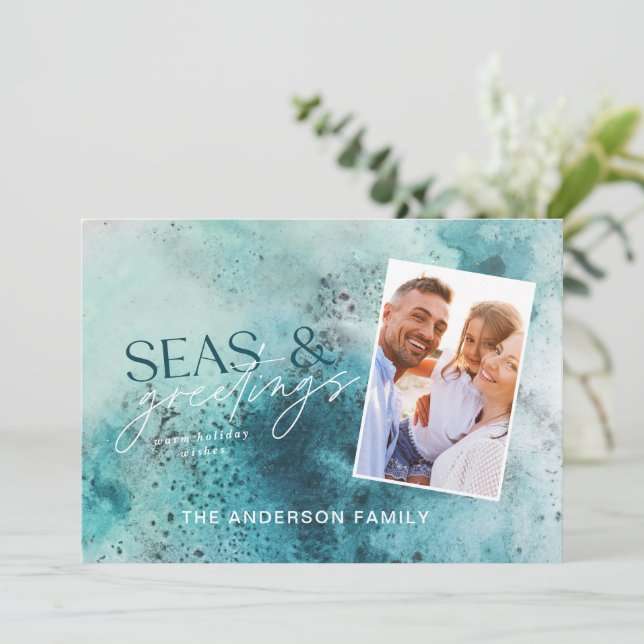 Turquoise Christmas seas & greetings modern chic H Holiday Card (Standing Front)