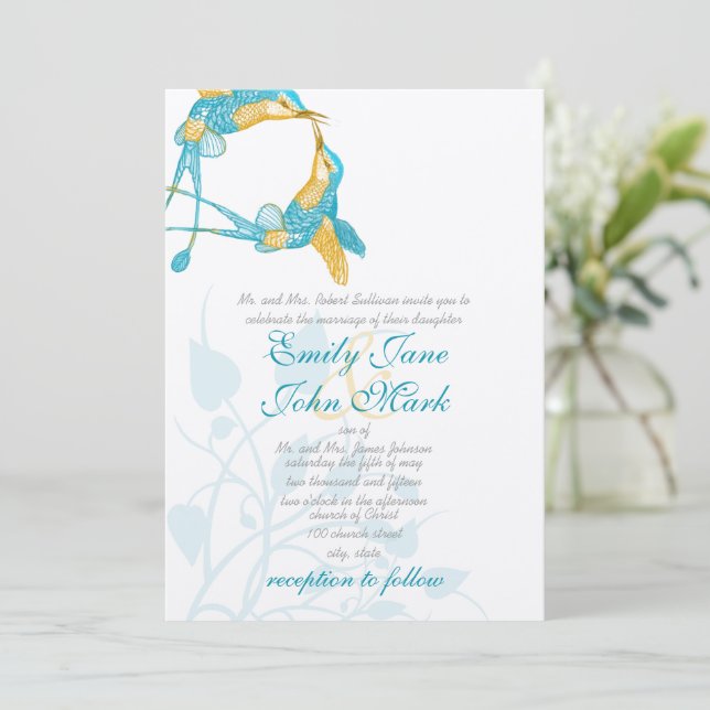 Turquoise Citrus Yellow Hummingbird Kiss Wedding Invitation (Standing Front)