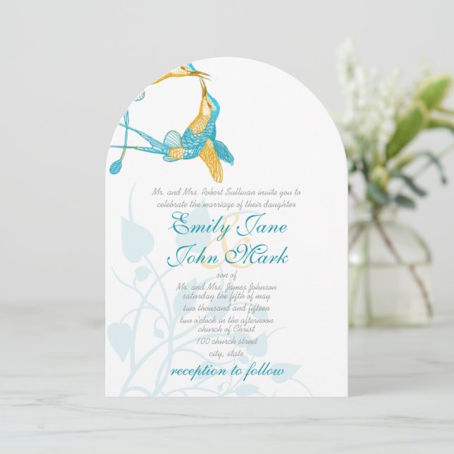 Turquoise Citrus Yellow Hummingbird Kiss Wedding Invitation (Standing Front)