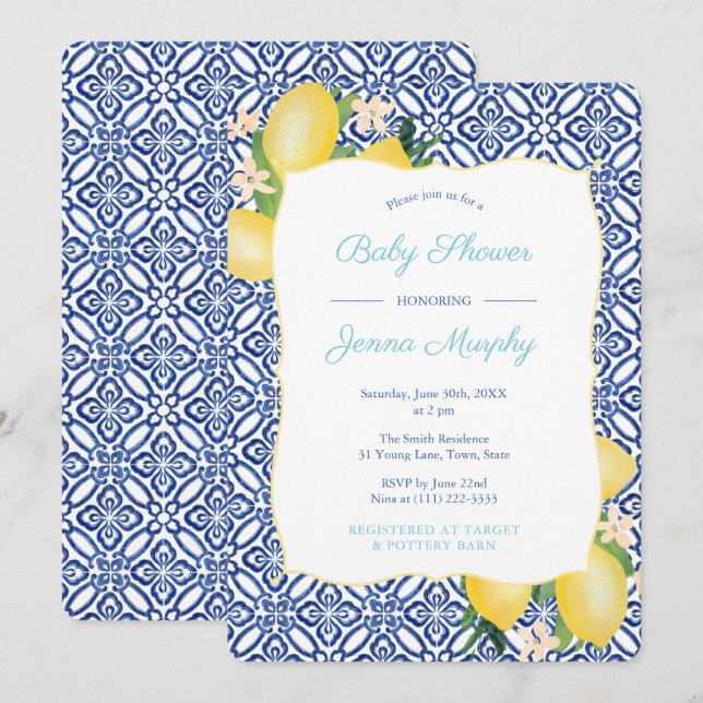 Turquoise Classic Blue Tiles Lemons Baby Shower Invitation (Front/Back)