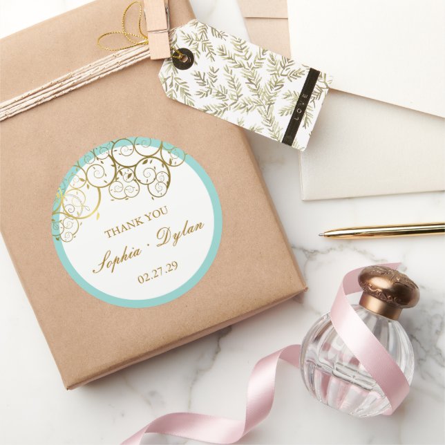Turquoise & Classy Golden Spirals Elegant Wedding Classic Round Sticker (Gifting)
