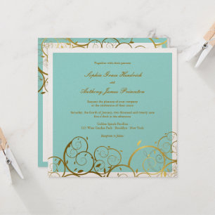 Turquoise & Classy Golden Spirals Elegant Wedding Invitation