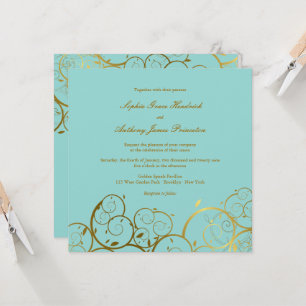 Turquoise & Classy Golden Spirals Elegant Wedding Invitation
