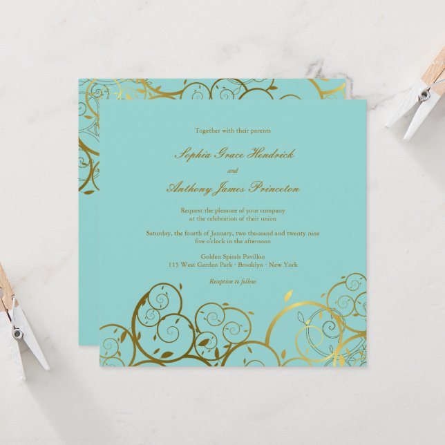 Turquoise & Classy Golden Spirals Elegant Wedding Invitation (Front/Back In Situ)
