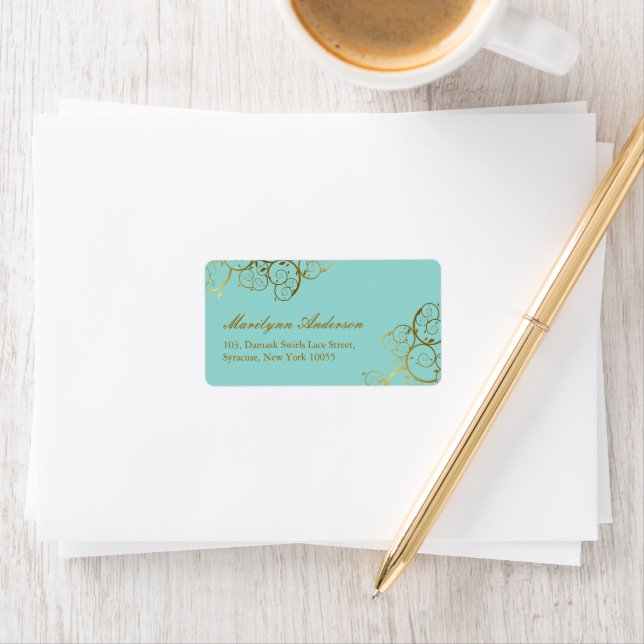 Turquoise & Classy Golden Spirals Elegant Wedding Label (Insitu)