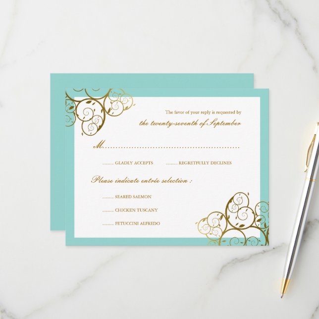 Turquoise & Classy Golden Spirals Elegant Wedding RSVP Card (Front/Back In Situ)