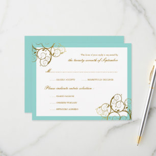 Turquoise & Classy Golden Spirals Elegant Wedding RSVP Card