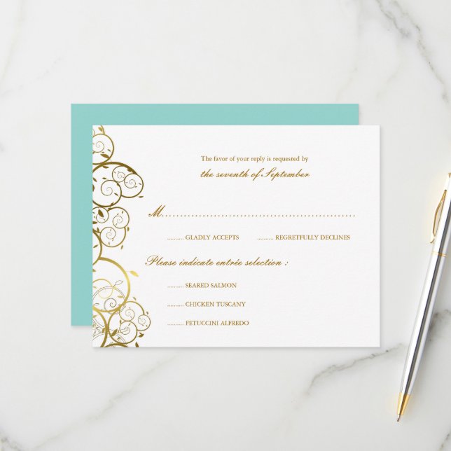 Turquoise & Classy Golden Spirals Elegant Wedding RSVP Card (Front/Back In Situ)