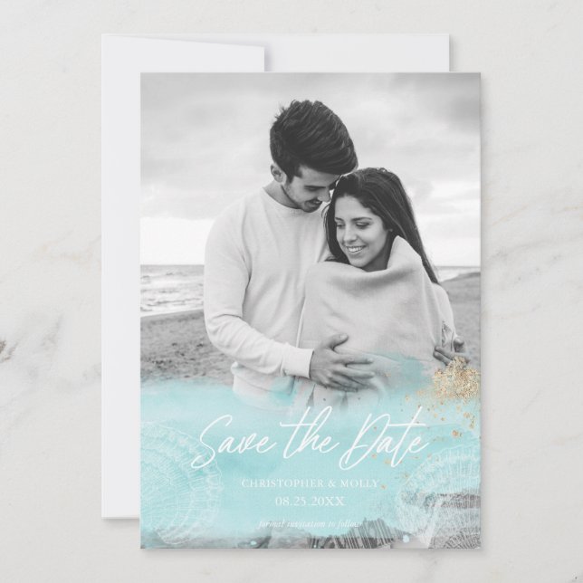 Turquoise Coasal Watercolor Save The Date  (Front)