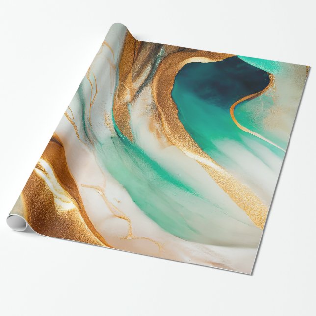 Turquoise Coast Abstract Flowing Art Wrapping Paper (Unrolled)