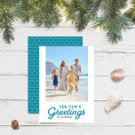 Turquoise Coastal Beach Sea-Sun's Greetings Photo Holiday Card<br><div class="desc">Turquoise Coastal Beach Sea-Sun's Greetings Photo holiday card has turquoise aqua wave pattern back side. Personalise it by replacing the placeholder text and replace the placeholder image with your own photo. For more options such as to change the font and it's size/colour or the spacing between letters click the "Customise"...</div>