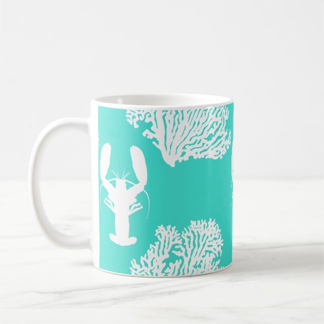 Turquoise Coastal Lobster Pattern Coffee Mug (Left)