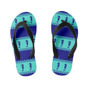 Turquoise Coastal Seahorses Stripes Kid's Flip Flops