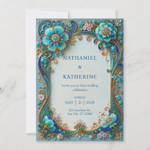 Turquoise Cobalt Filigree Wedding Invitation