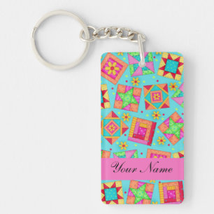 Turquoise & Colorful Quilt Blocks & Personalized Key Ring