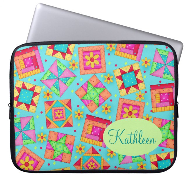 Turquoise Colourful Patchwork Quilt Block Custom Laptop Sleeve (Front)
