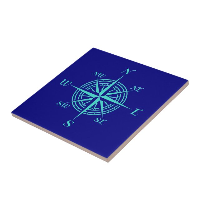Turquoise Compass Rose On Navy Blue Coastal Decor Tile (Side)