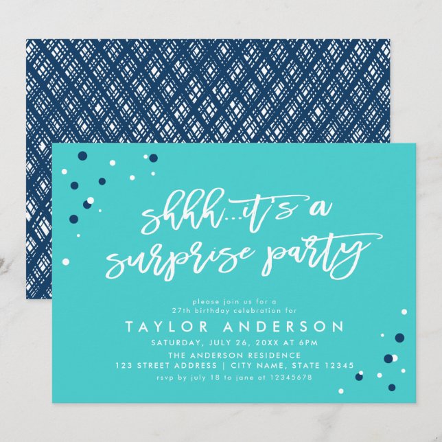 Turquoise Confetti It's a Surprise Party Birthday Invitation (Front/Back)