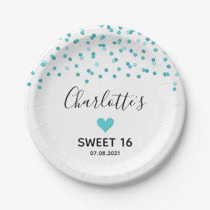 Turquoise Confetti Sweet 16 Birthday Party Paper Plate