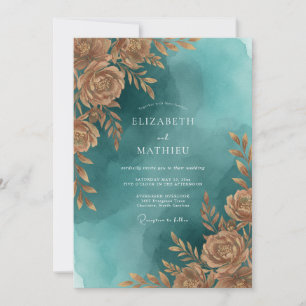 Turquoise Copper Leafy Wedding Invitation