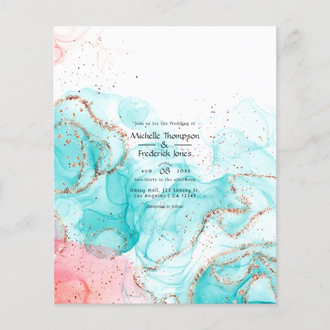 Turquoise, Coral and Gold Alcohol Ink Wedding Flyer (Front)