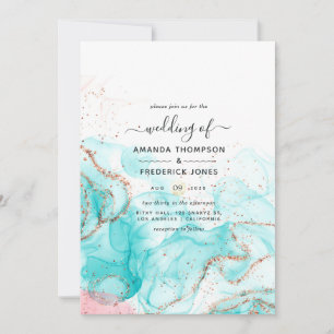 Turquoise, Coral and Gold Alcohol Ink Wedding Invitation