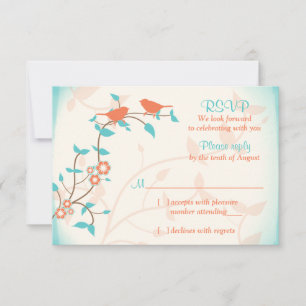 Turquoise Coral Birds Leaves Wedding RSVP Reply Card
