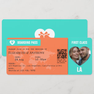 Turquoise & Coral Boarding Pass Wedding Invitation