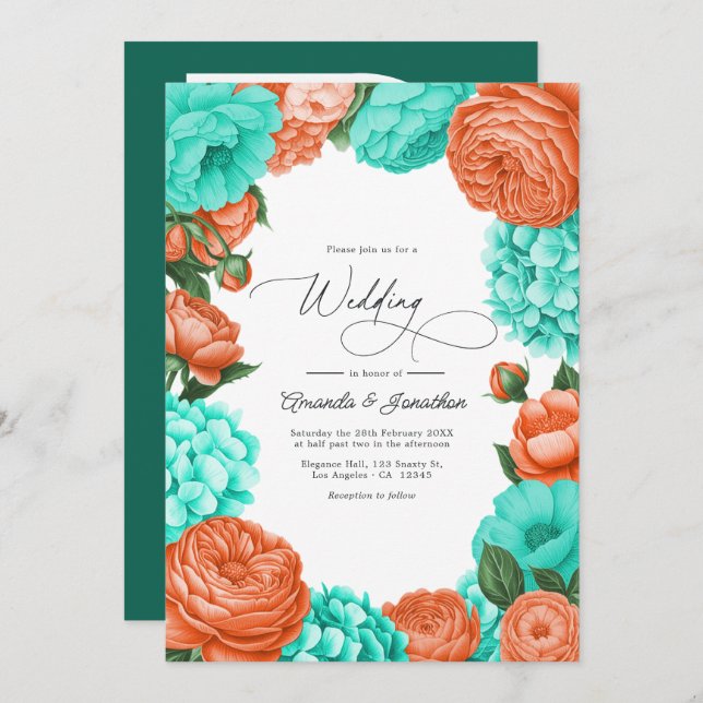 Turquoise & Coral Floral Wedding Invitation (Front/Back)