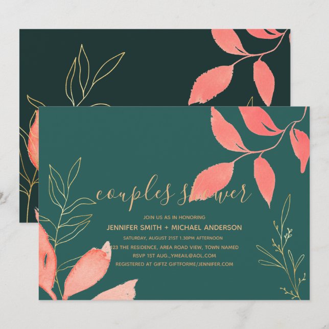 Turquoise Coral Gold COUPLES SHOWER Handwritten Invitation (Front/Back)