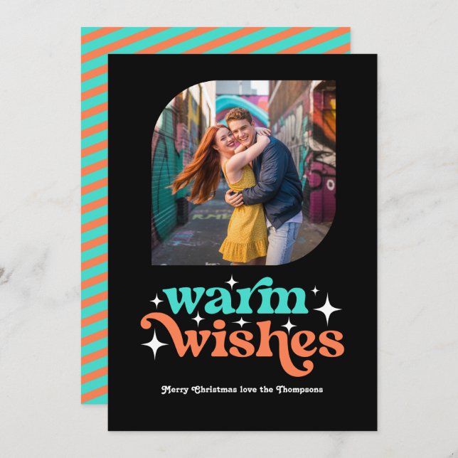 Turquoise & Coral Modern Retro Christmas Photo Holiday Card (Front/Back)