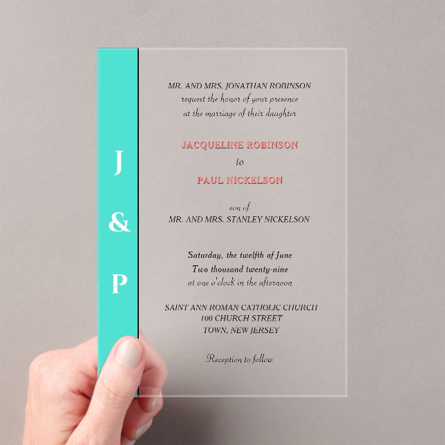 Turquoise Coral Monogram Bride and Groom Clear Acrylic Invitations (Insitu (Handheld))