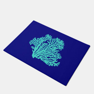 Turquoise Coral On Navy Blue Coastal Decor Doormat